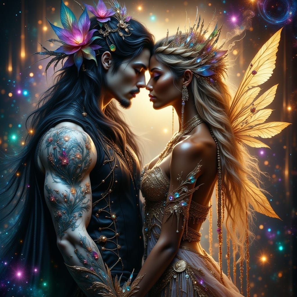 Ethereal Night Fae Embracing Day in a Gothic Dance