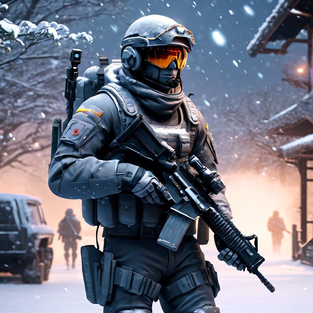 Scifi Soldier Anime Boy in a snow storm...