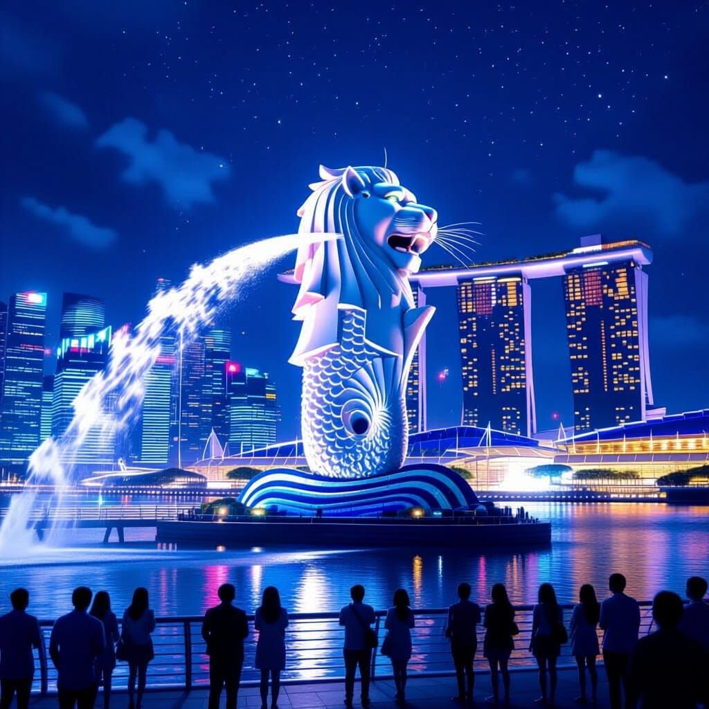 Cyberpunk Merlion Roars Over Marina Bay Night