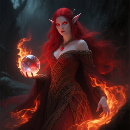 Elven Fire Sorceress in Ethereal, Hyper-Realistic Style