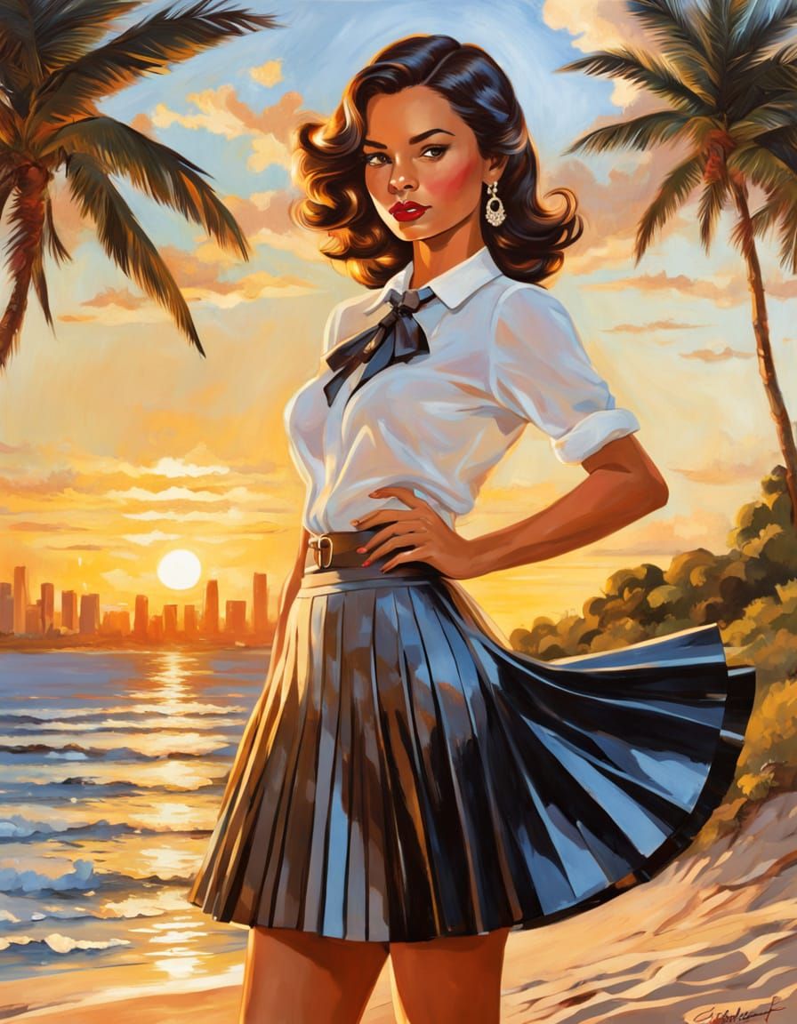 Glamorous Socialite Captured in Vibrant Sunset Hues