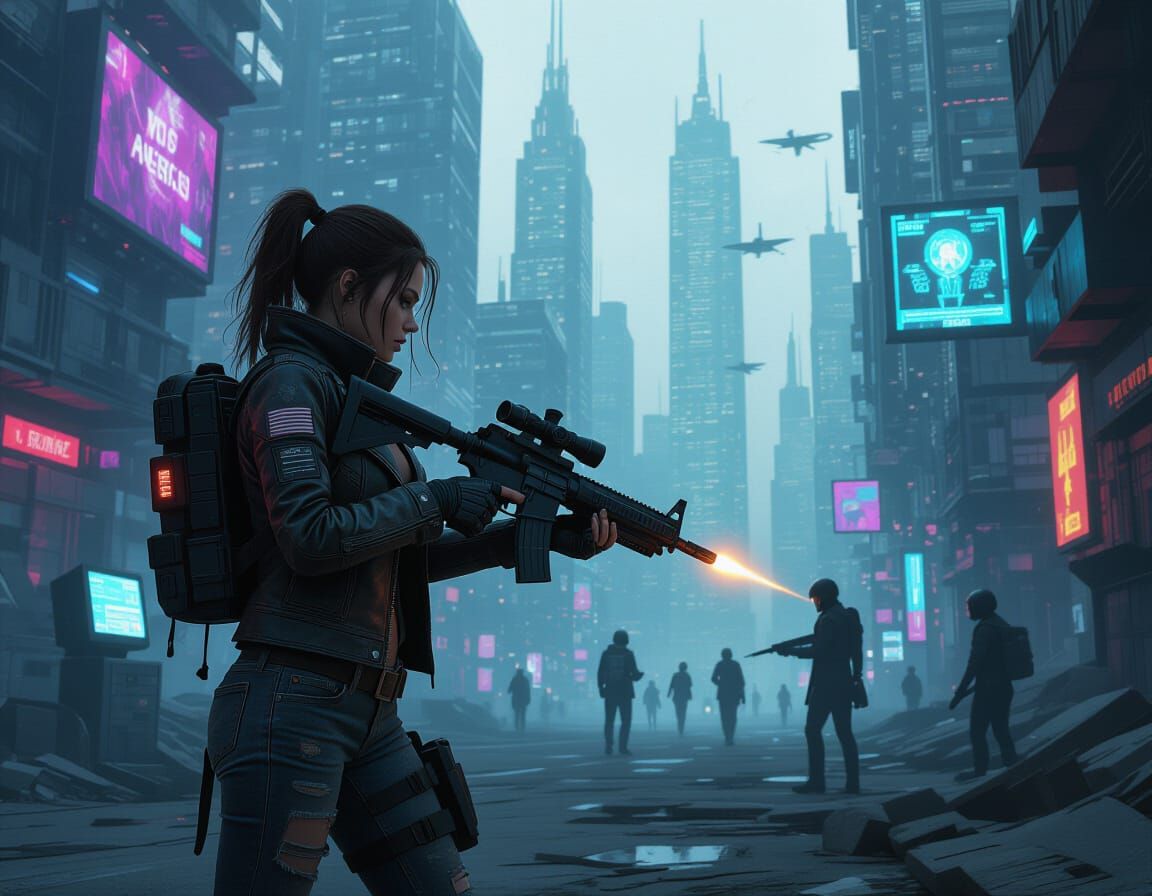 Cyberpunk Wanderer in Desolate Library