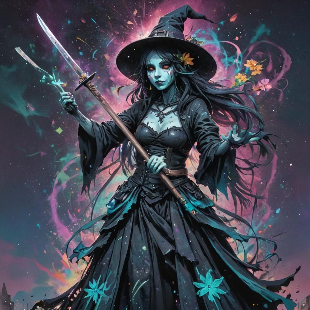Street Art Fantasy Witch in Auroral Glow