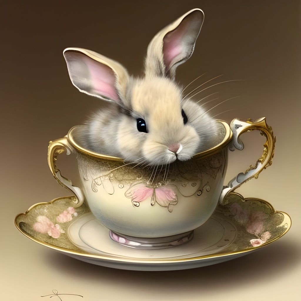 Fluffy Bunny in Teacup: Delicate Illustration