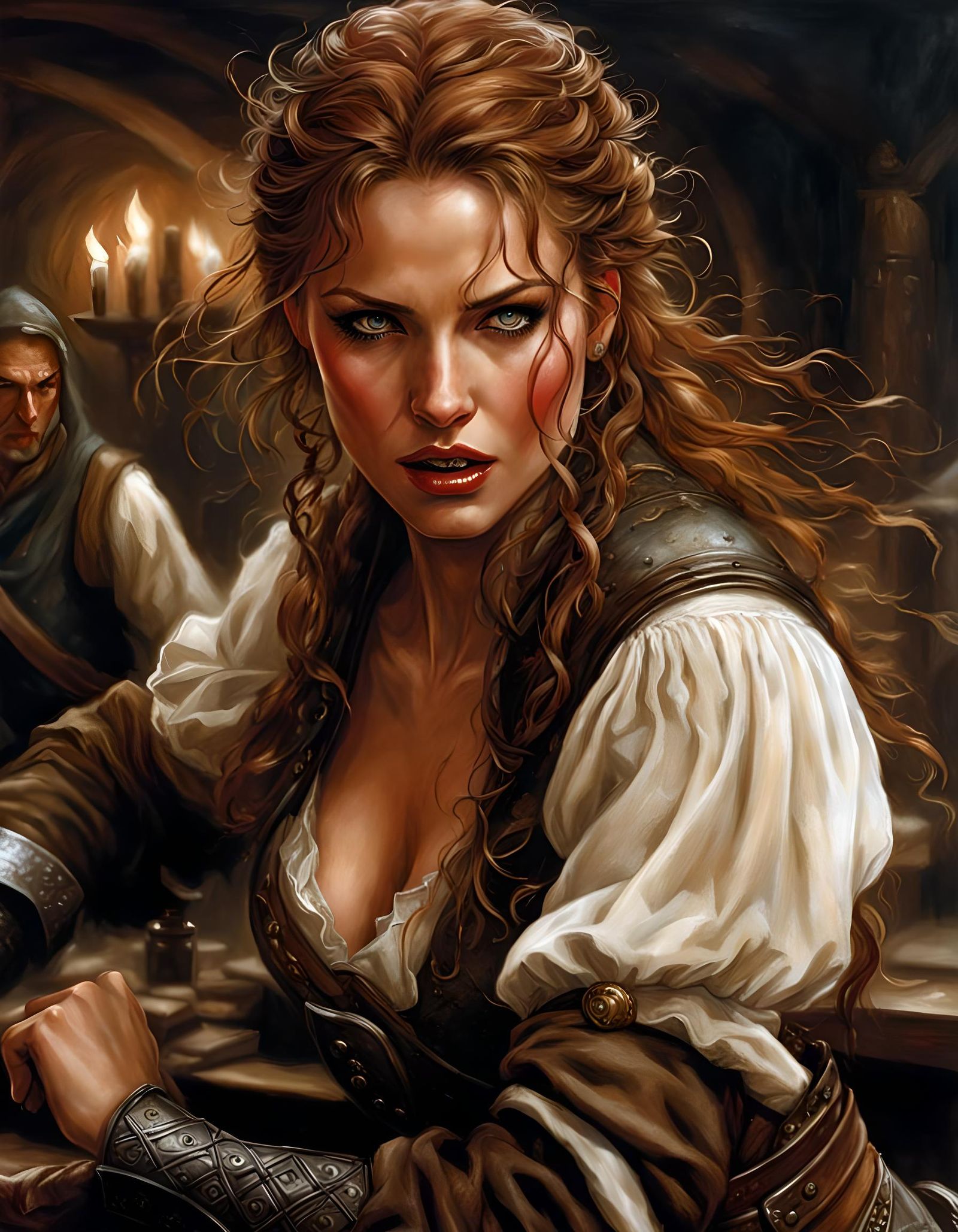 Angry Adventuress Tavern Brawl Portrait in Dark Fantasy Styl...