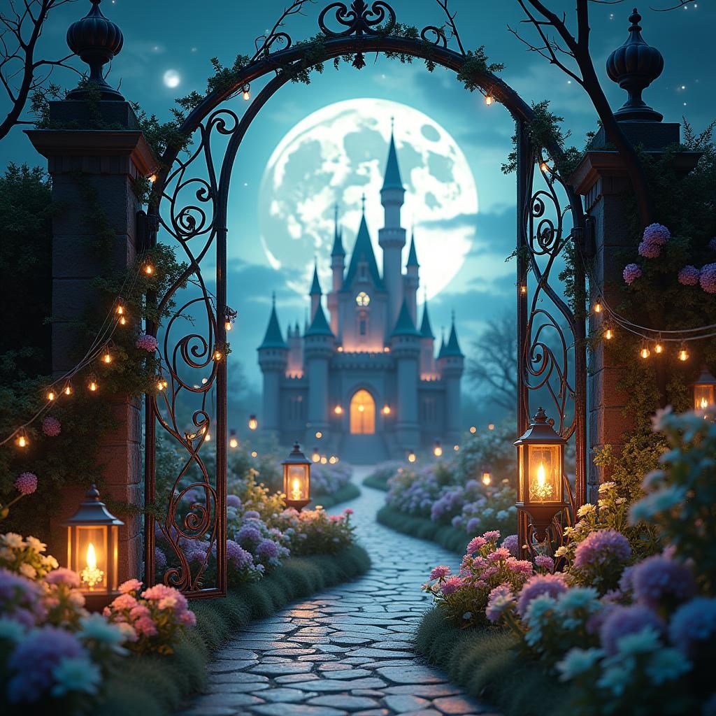 Ethereal Fairy Castle Garden Under Moonlight