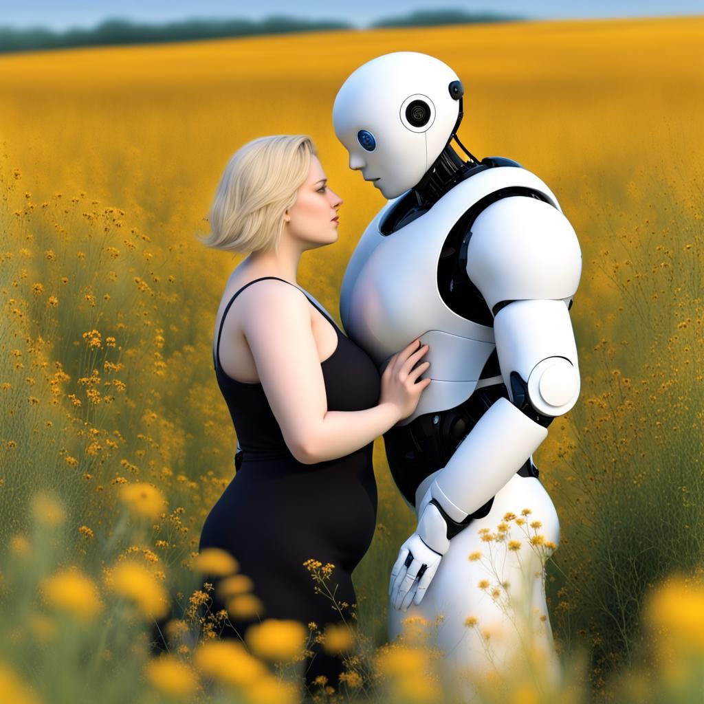 Embracing Robot and Woman in Wildflower Field