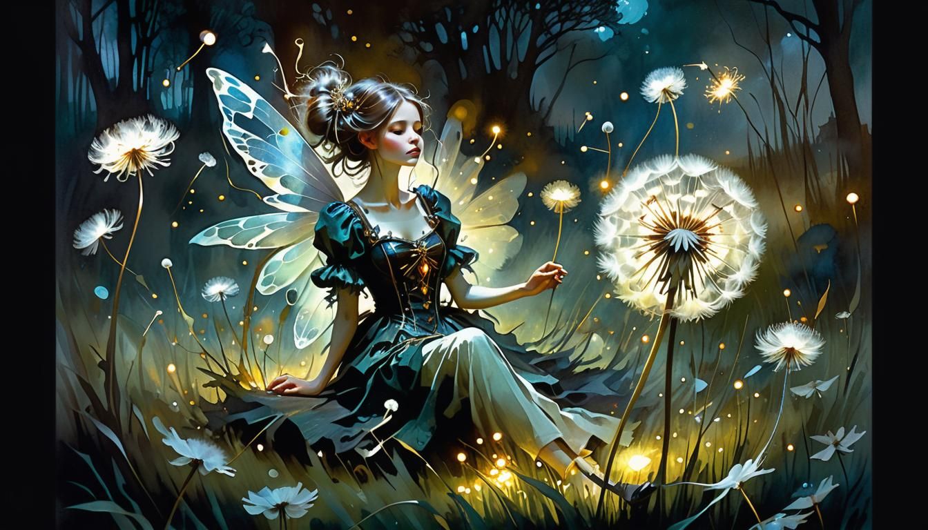 Steampunk Fairy in Dandelion Field: Dark Art