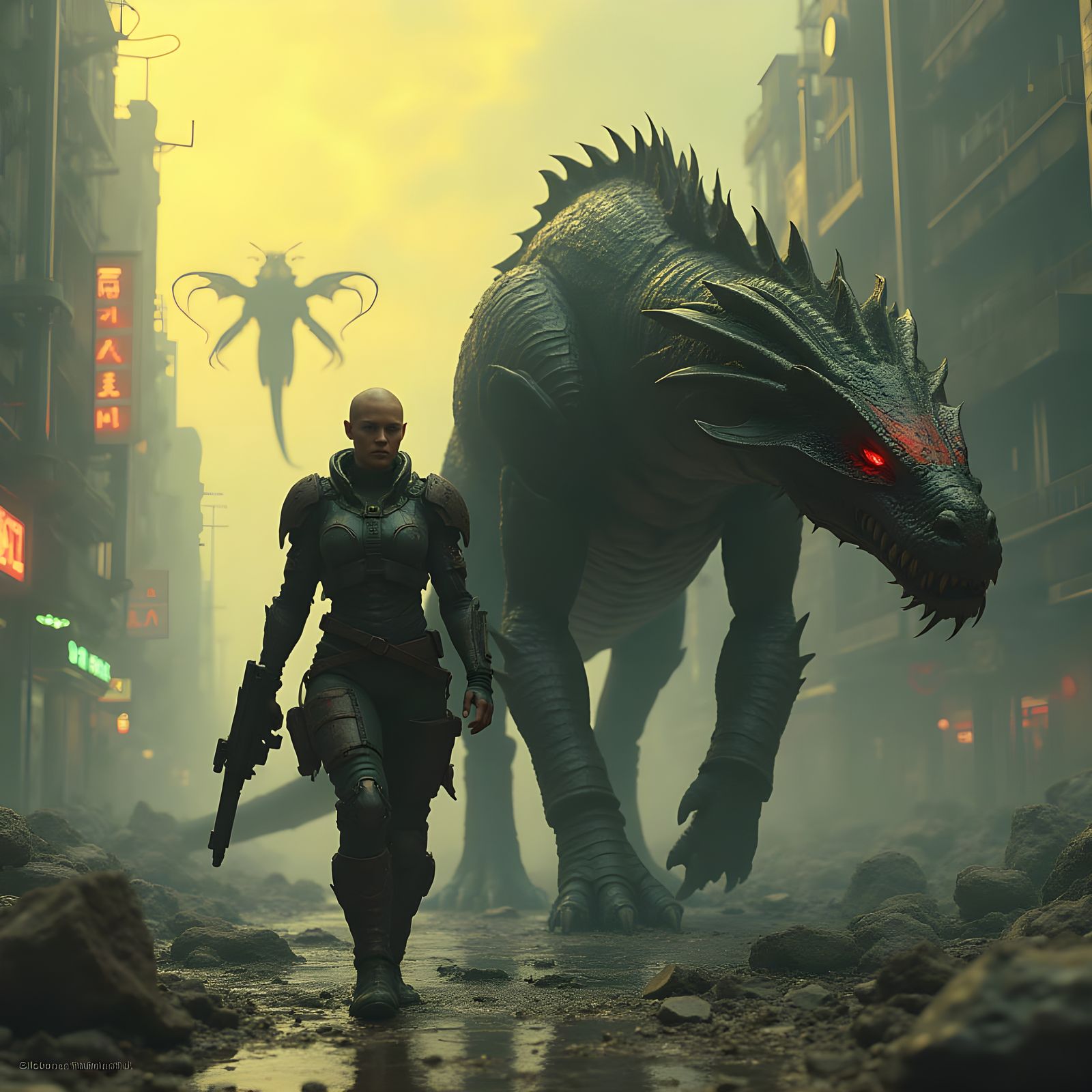Cyberpunk Apocalypse with Bald Warrior and Dragon