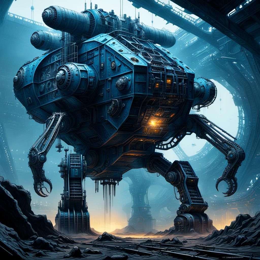 Spaceship Excavator Mining Asteroids in Industrial Style