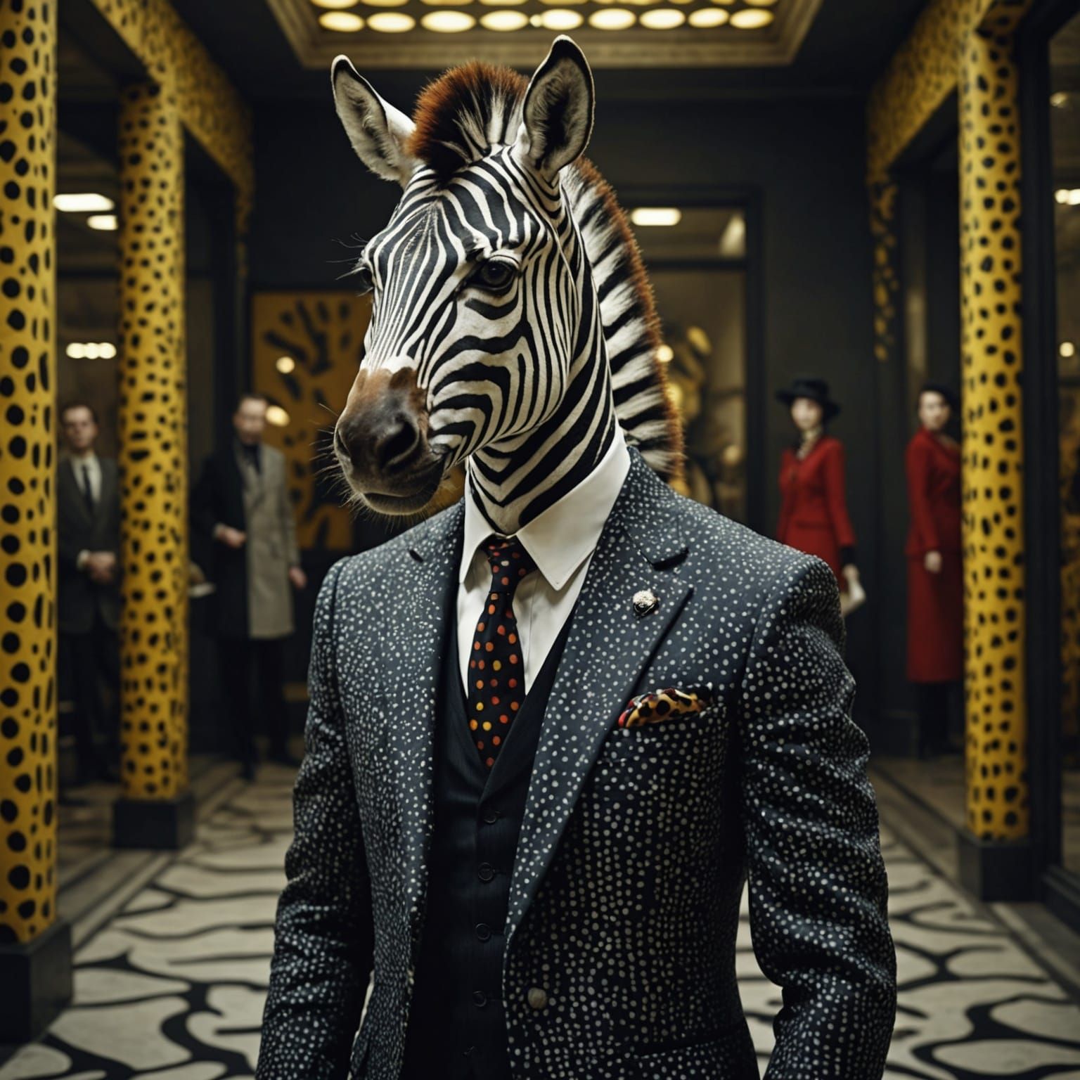Zebra in Suit with Colored Spots, Hyperrealistic Photo