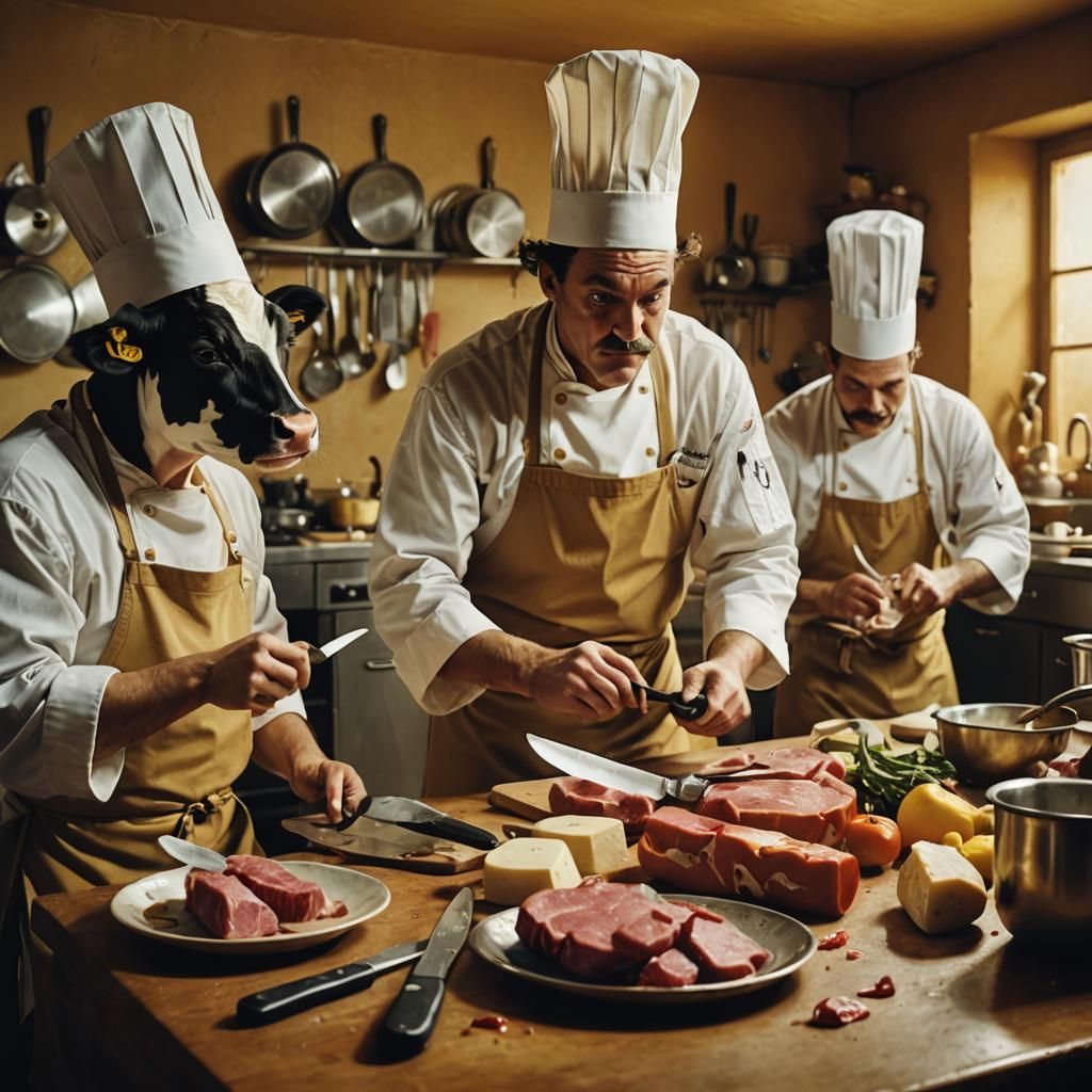 Cows Sharpening Knives: A Surrealist Kitchen Scene