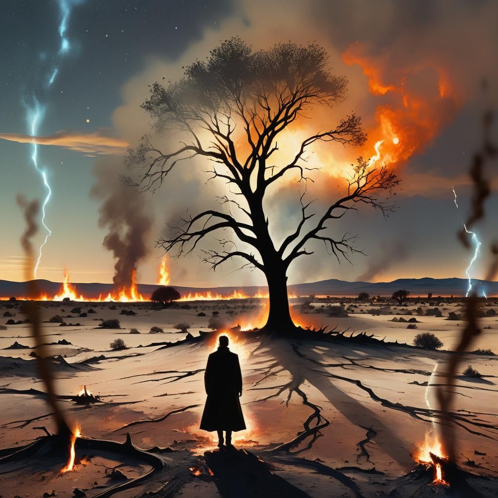 Desolate Wasteland Landscape with Burning Star
