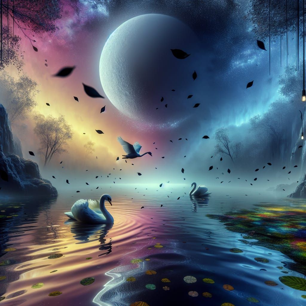 Moonlit Swan Lake with Falling Black Petals
