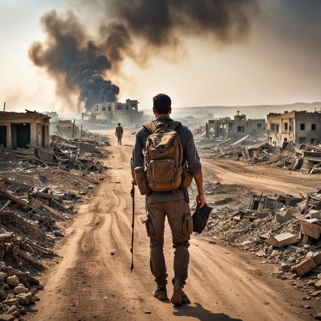 War-Torn Landscape: Father and Daughter's Flight