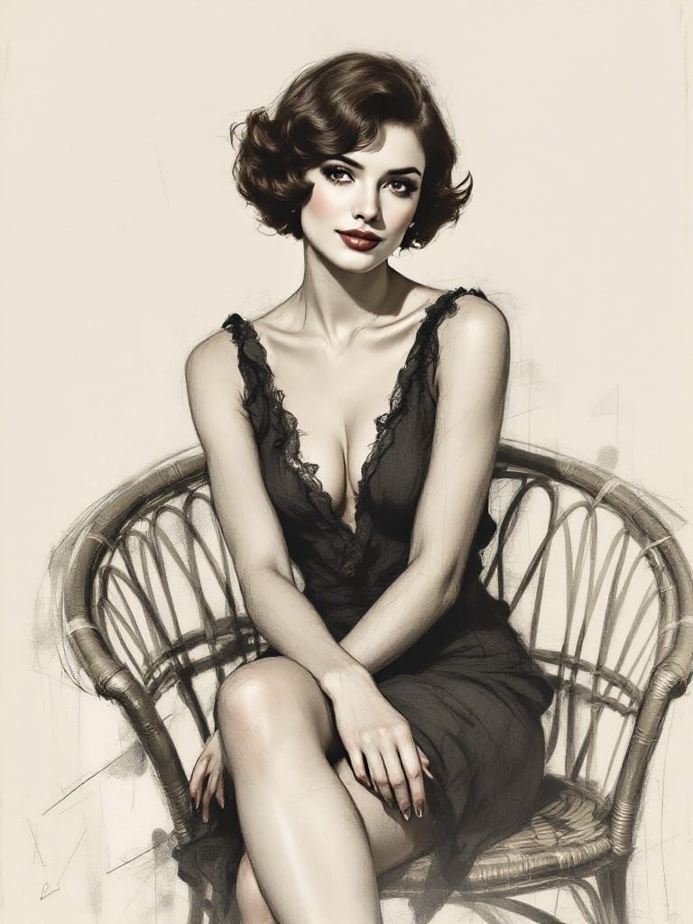 Elegant Charcoal Study of a Confident Queen