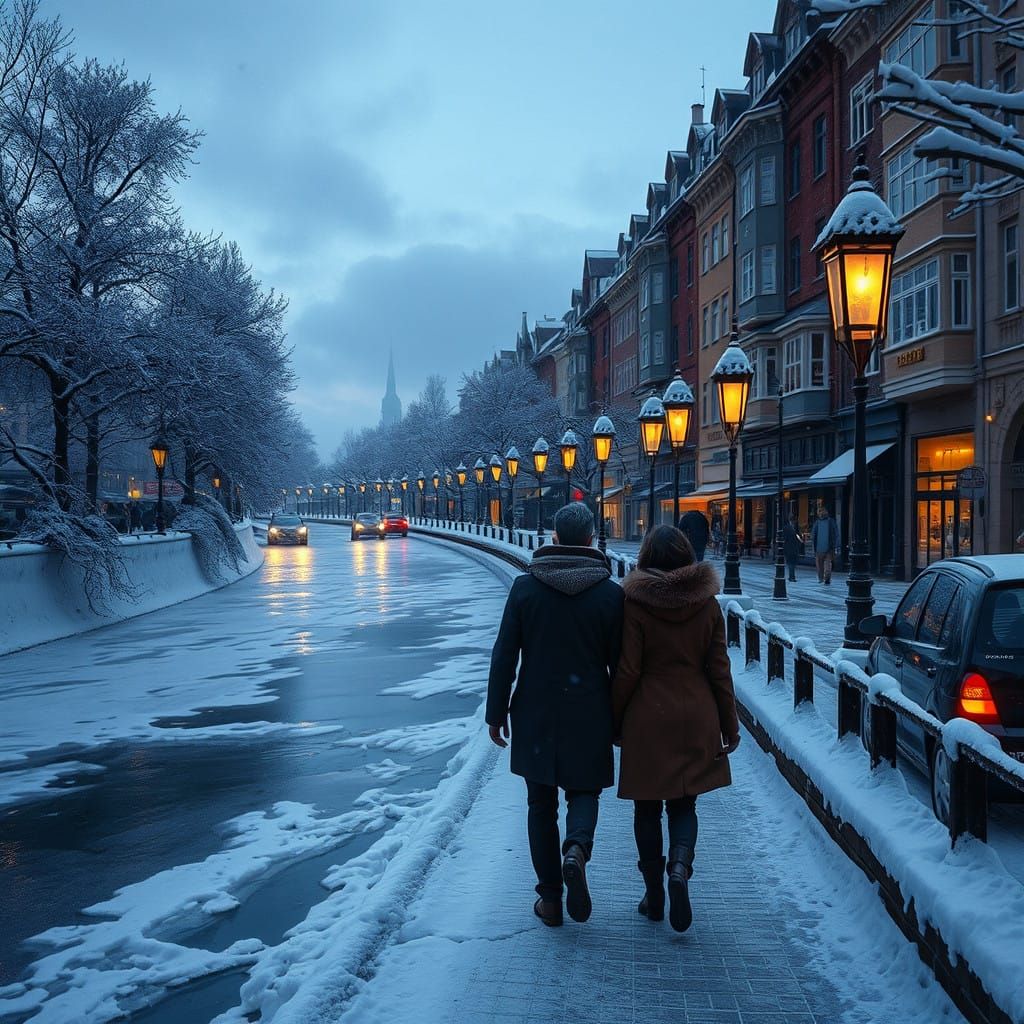 Wintery Nighttime Cityscape in Chilly Scandinavian Town