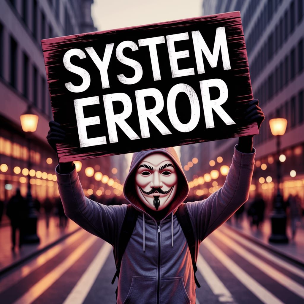 Vibrant Protester Holds Up "System Error" Sign in City Stree...