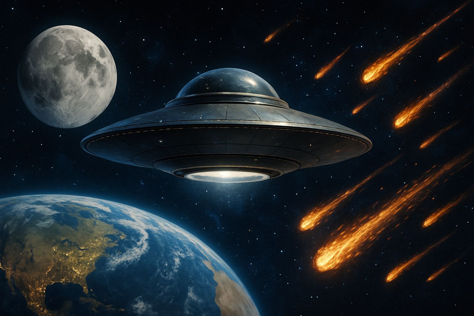 Flying Saucer Dodging Meteor Shower Near Earth and Moon