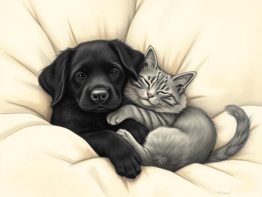 Dog and Cat Snuggle in Bed, Illustration