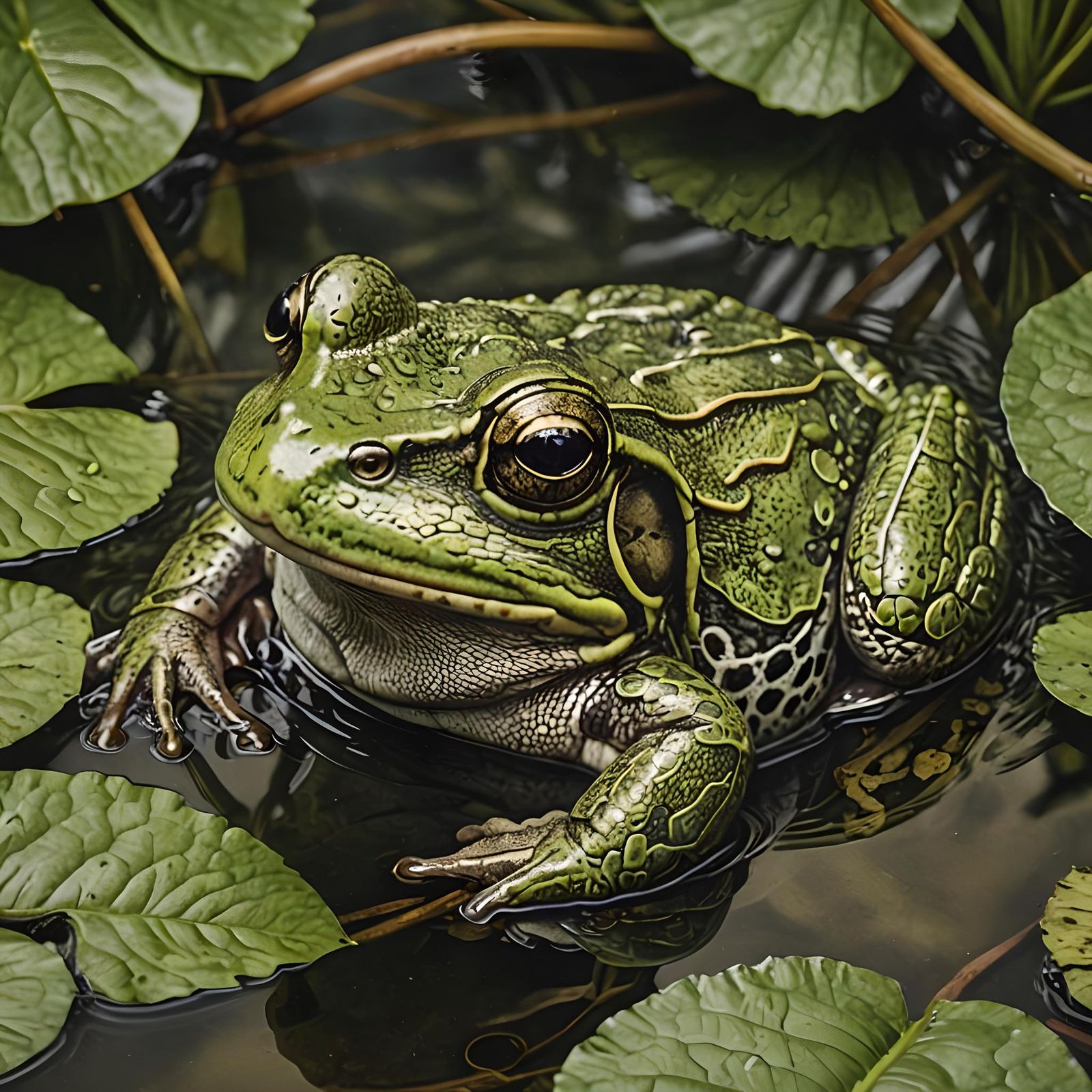 Intricate Green Frog Portrait in Botanical Etching Style