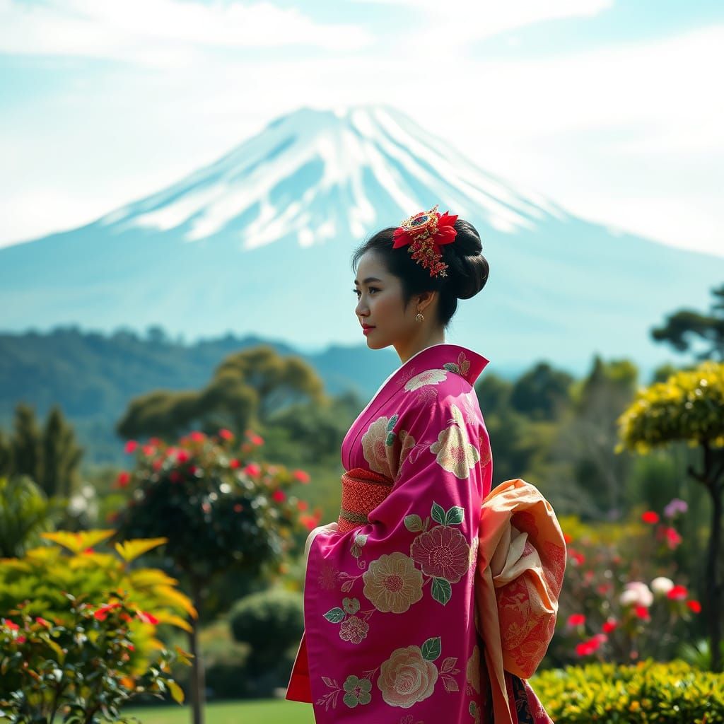 Serene Japanese Princess in Lush Garden with Majestic Mount ...