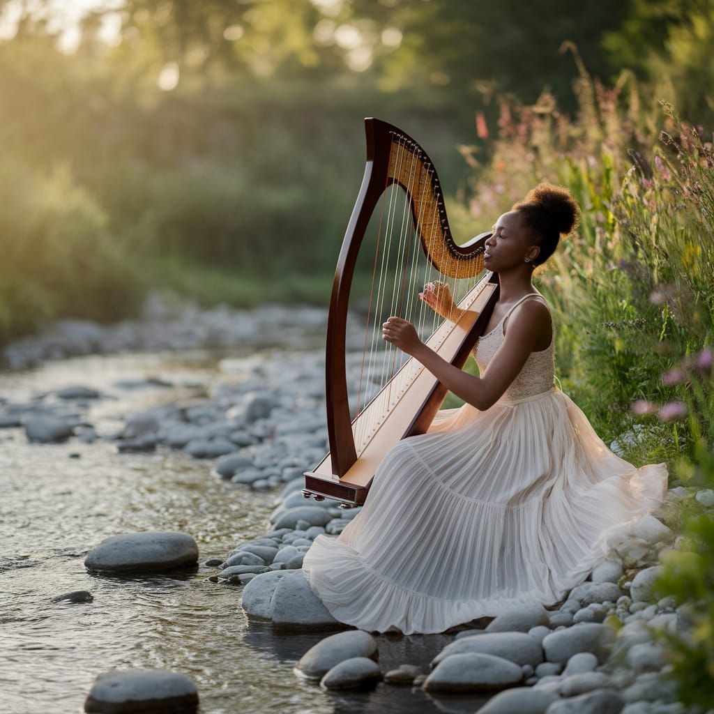 African Woman Plays Harp by River
