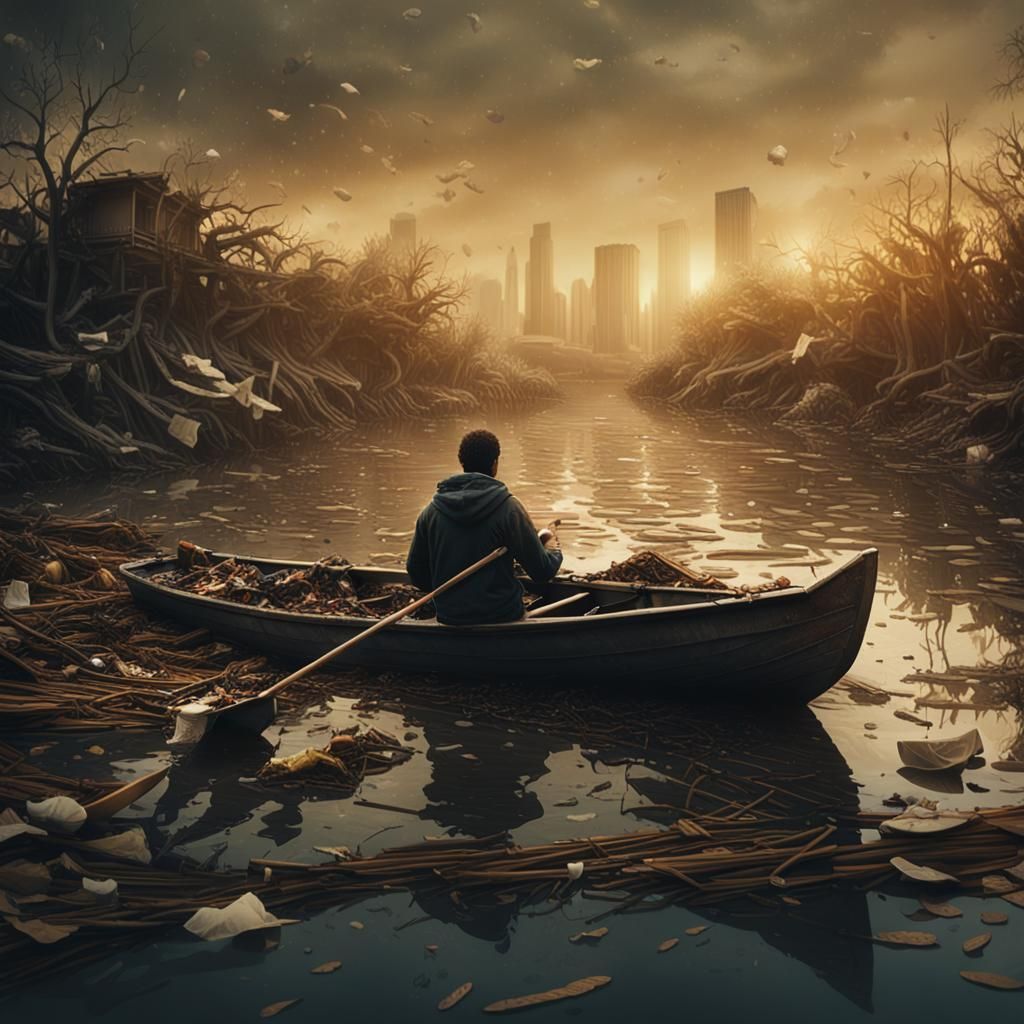 Polluted River Scene in Cinematic Style