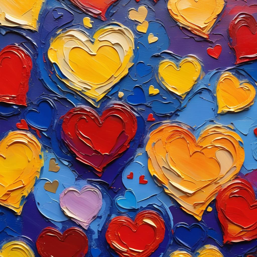 Expressionist Impasto: Vibrant Hearts in Golden Light