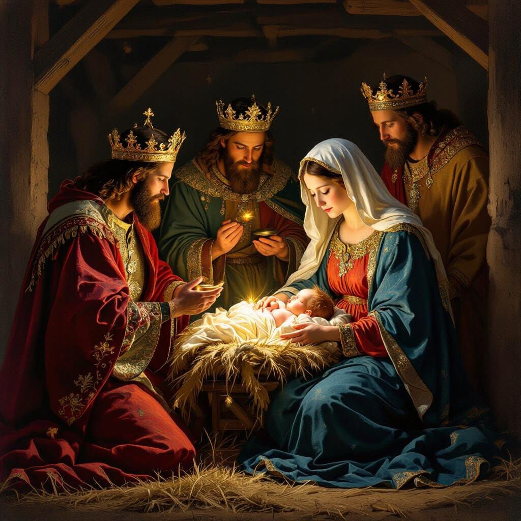 Nativity Scene: Three Kings Visit Newborn Jesus in Renaissan...
