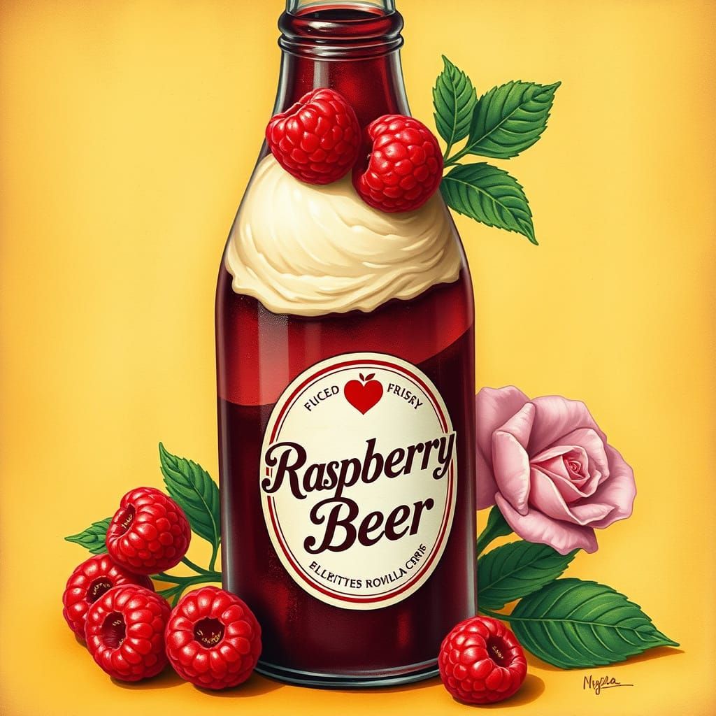 Vintage-Style Raspberry Root Beer in Whimsical Summer Scene