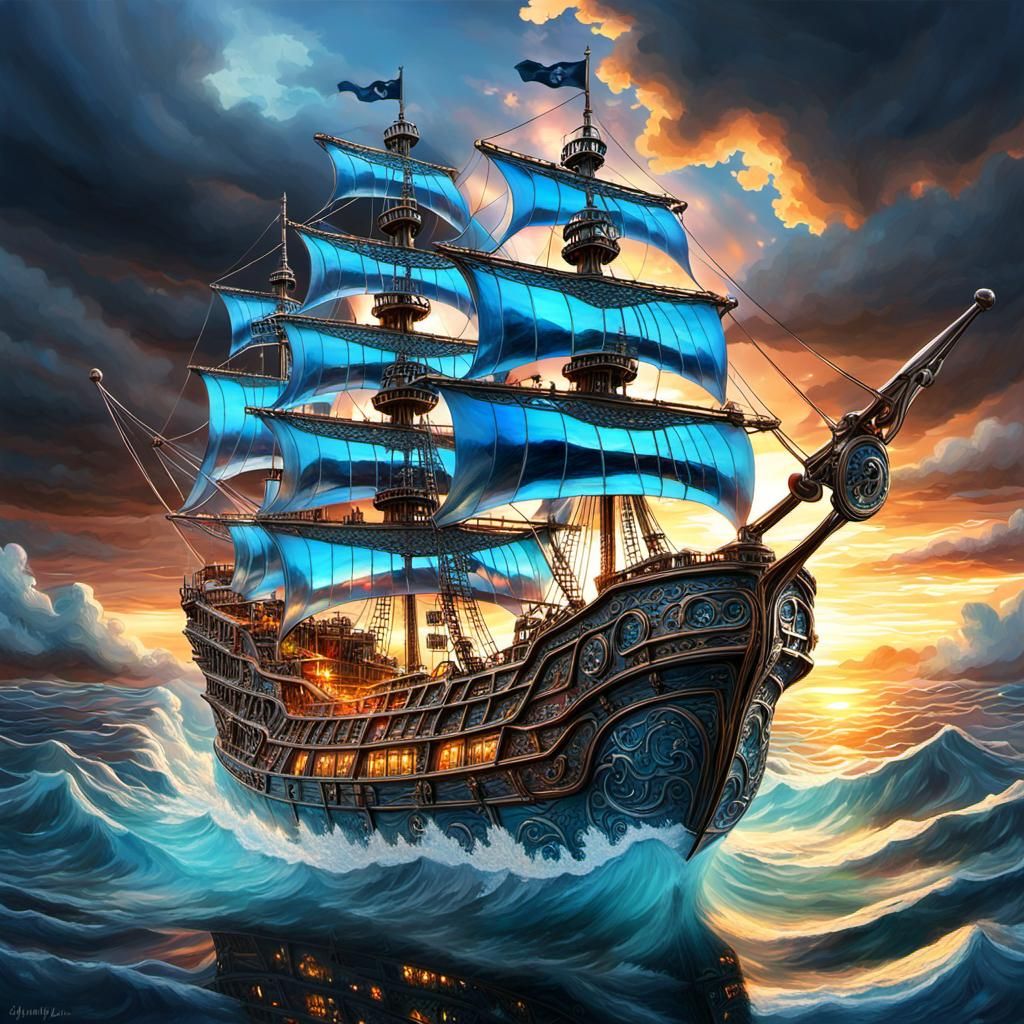 Crystal Pirate Ship on Stormy Clouds