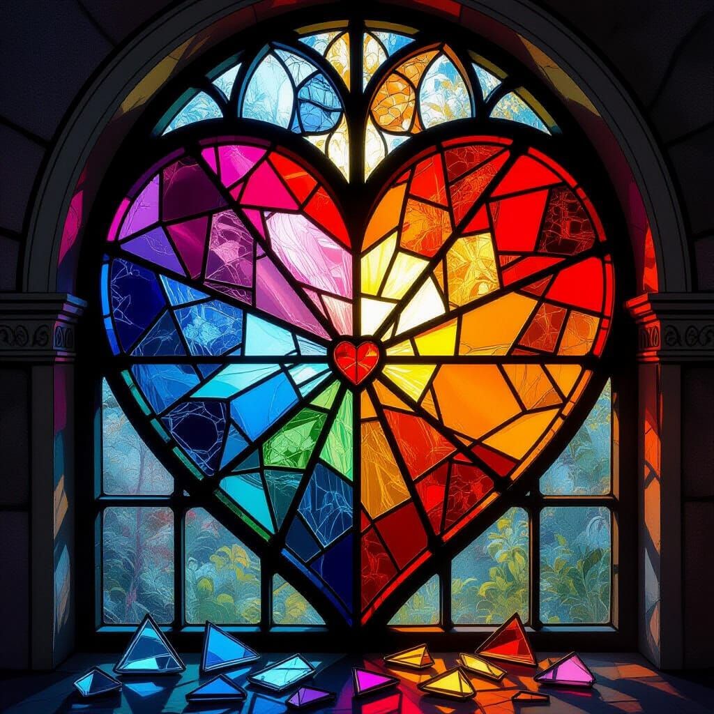 Heart-Shaped Stained Glass Window in Pre-Raphaelite Style