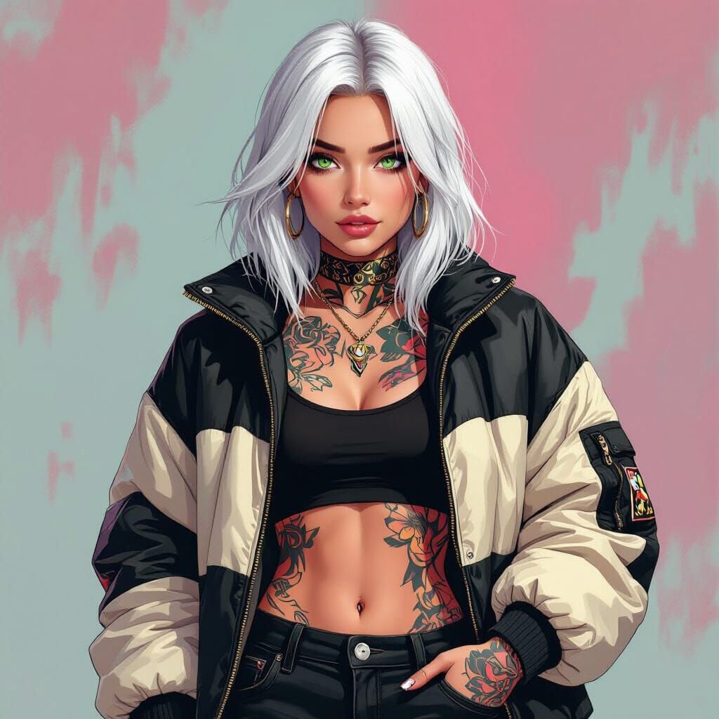 White Haired Woman in Streetwear, Revealing Tattoos