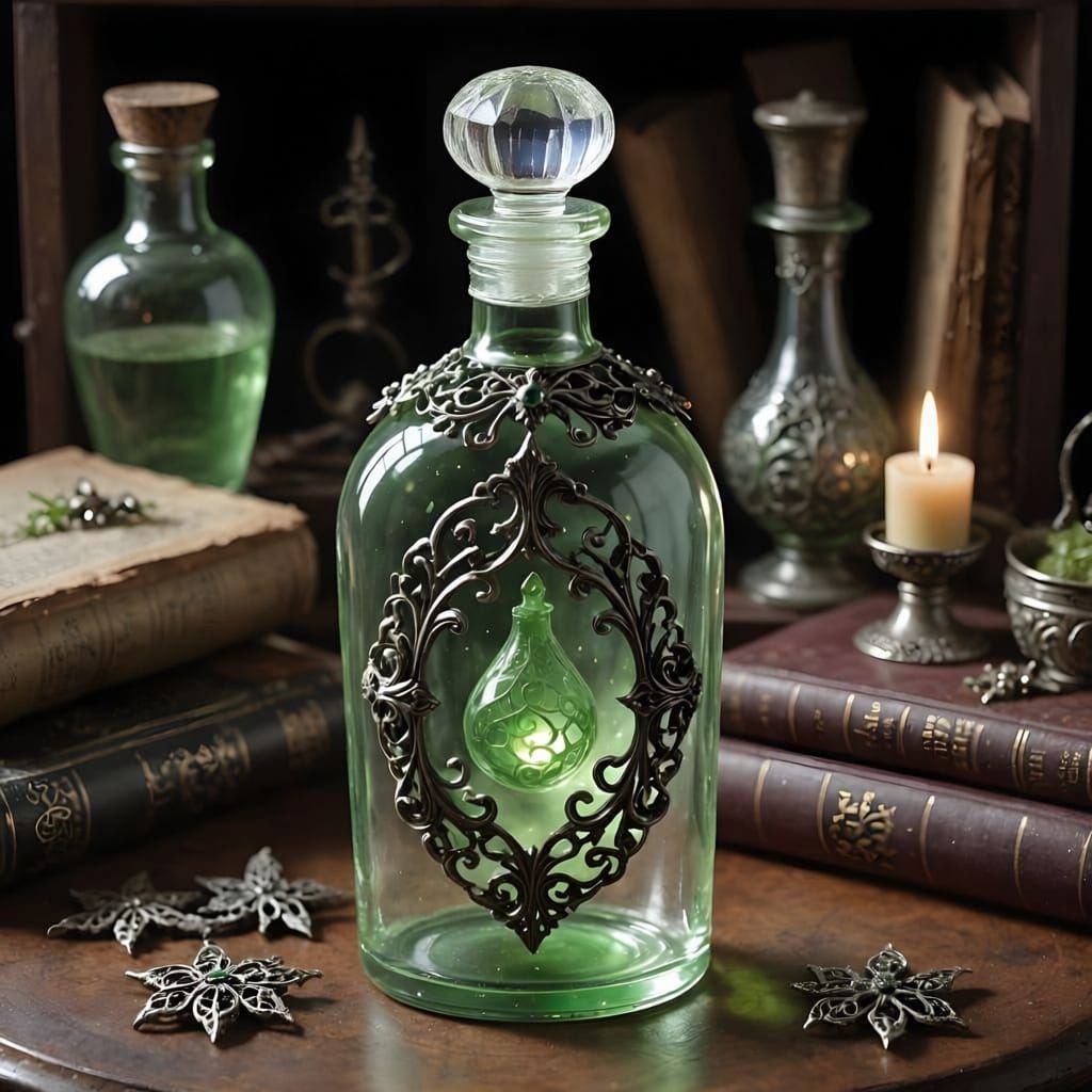 Glowing Potion in Witch's Cabinet with Pewter Filigree
