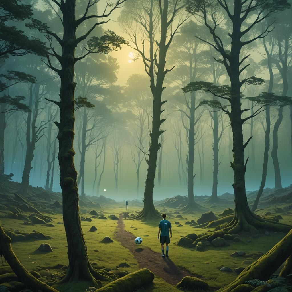 Mystical Forest Soccer Game at Dusk