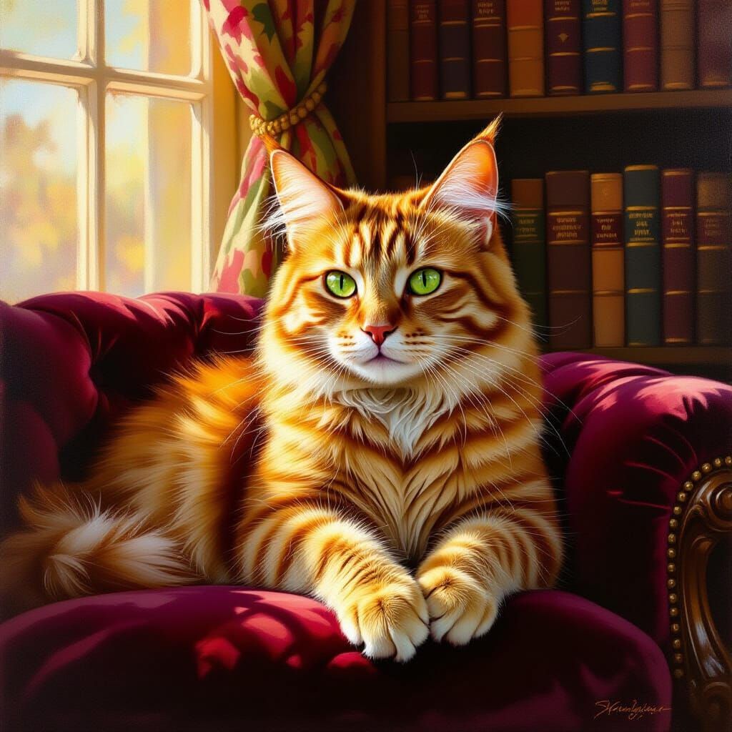 Sophisticated Ginger Cat in Sunlit Library Oil Painting
