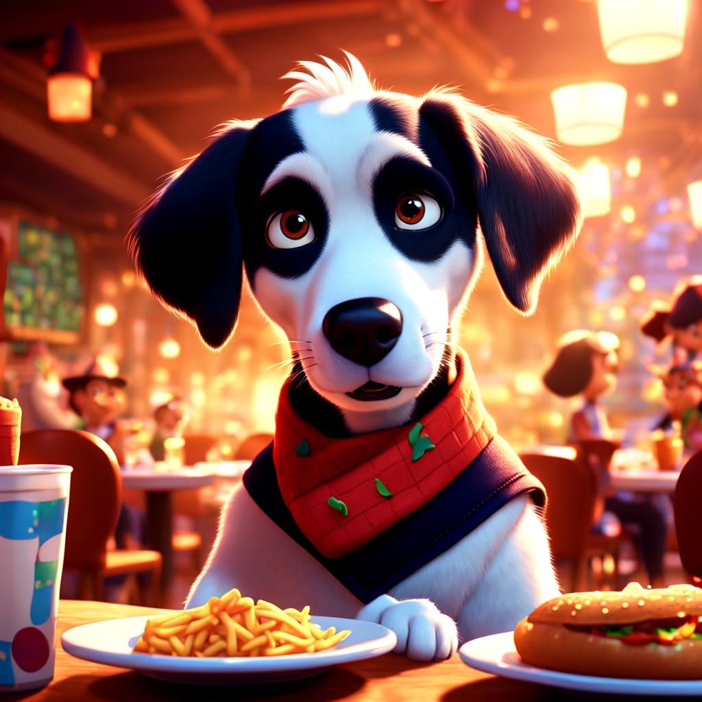 Dog Dandy in Restaurant, Pixar-Style 3D Animation
