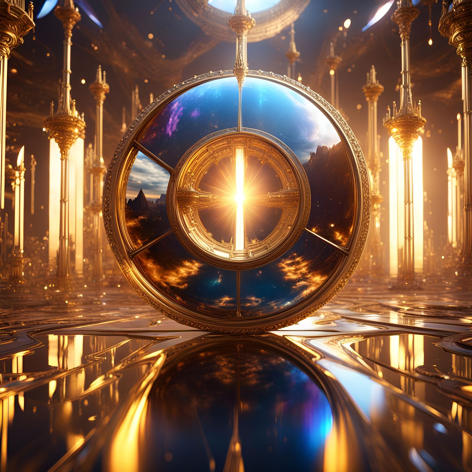 Futuristic Mirrored Dimensions Reflecting Golden Light
