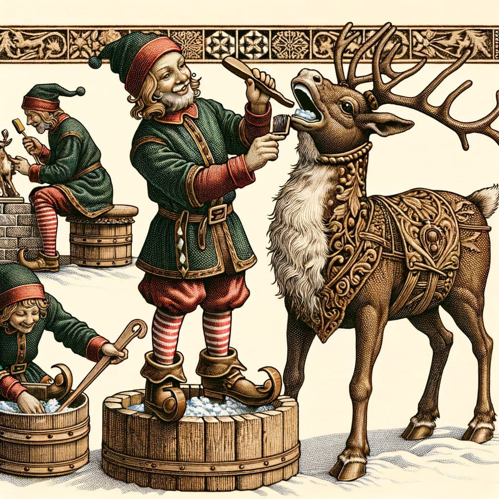 Elves Showcase Reindeer Grooming in Quaint, Romantic Renaiss...