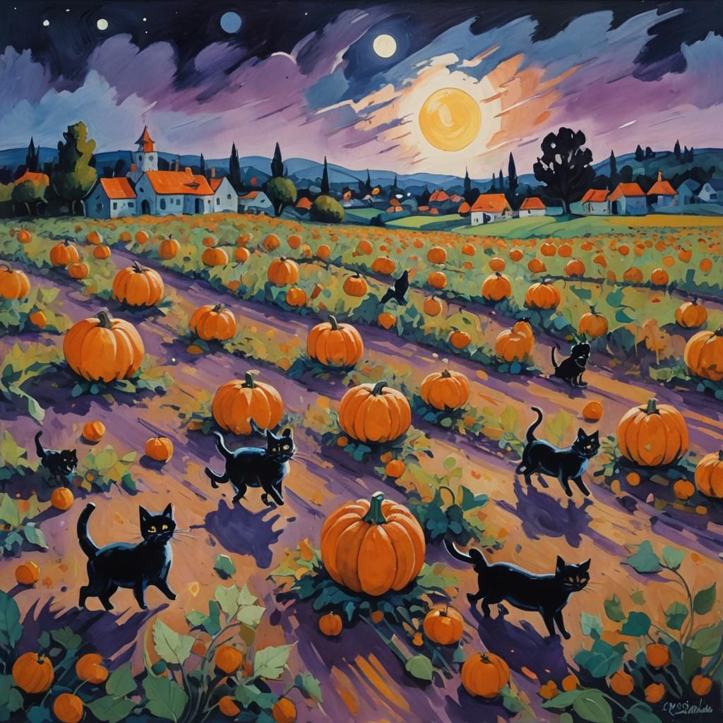 Cats Run in Moonlit Pumpkin Field, Impressionist Gouache