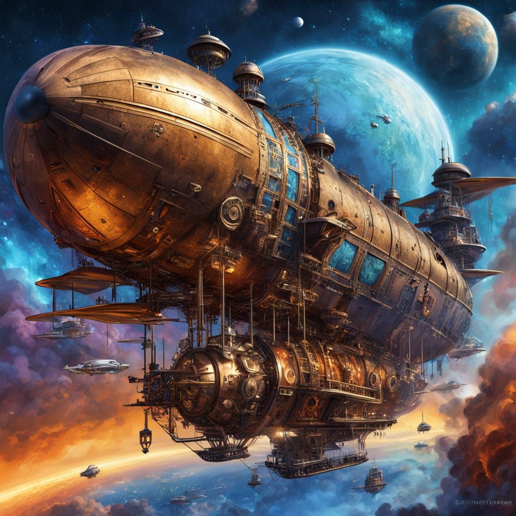 Steampunk Airship Navigating Cosmic Nebulae