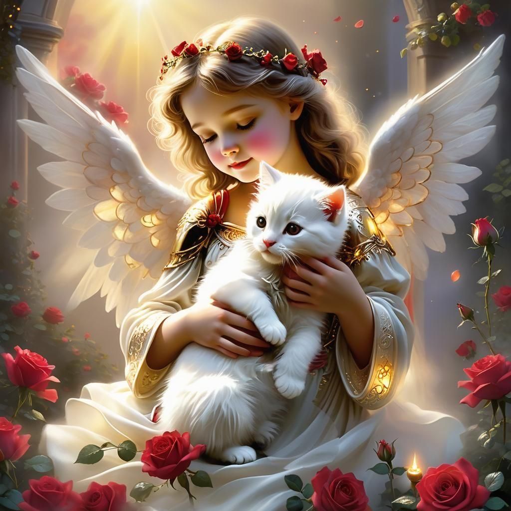 Hyperrealistic Red Rose Angel with Kitten