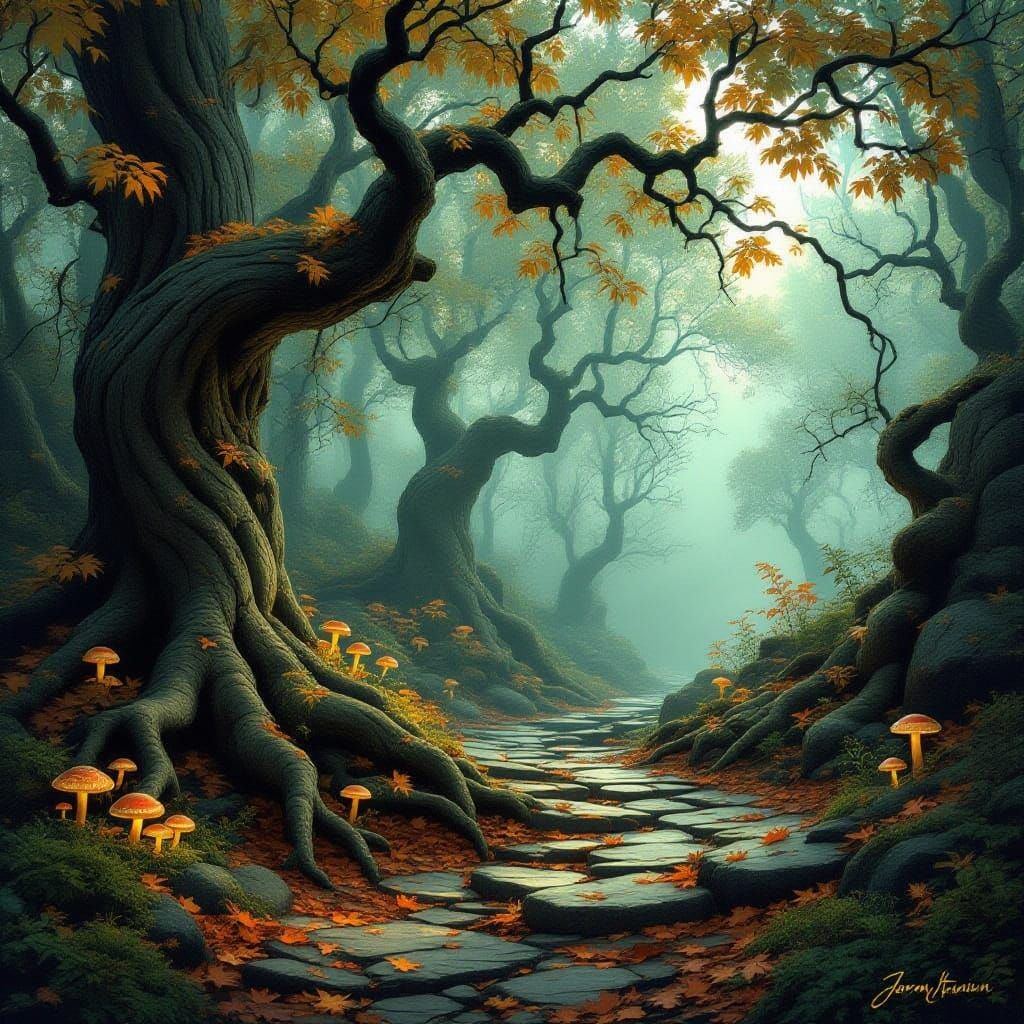 Enchanted Forest Path with Gnarled Trees and Ethereal Light