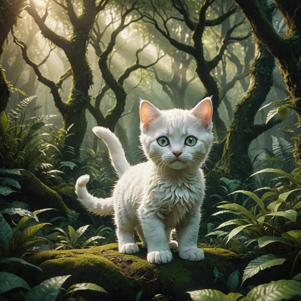 Hissing White Kitten in Mystical Forest