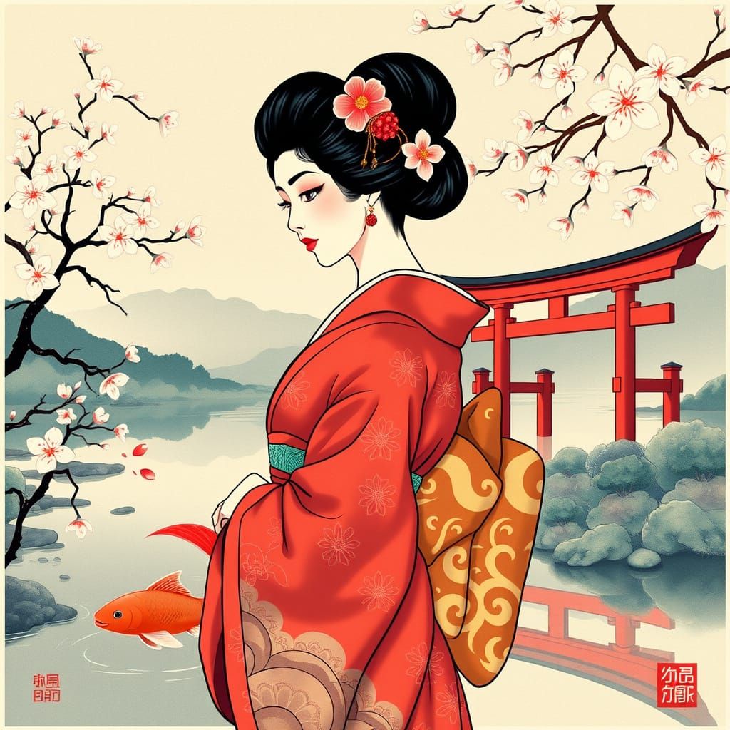 Elegant Geisha in Serene Japanese Landscape