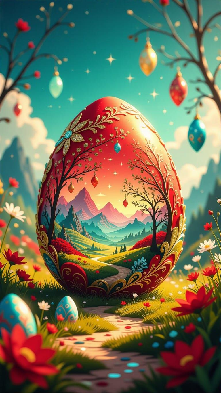 Enchanted Easter Egg Landscape in Vibrant Red Hues and Glitt...