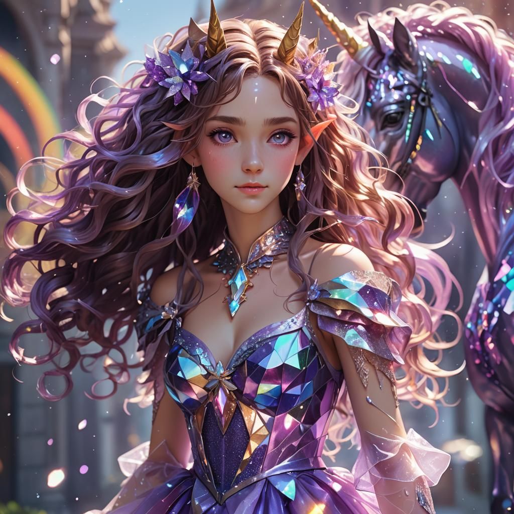 Elf and Rainbow Unicorn in Vibrant 3D Anime Art