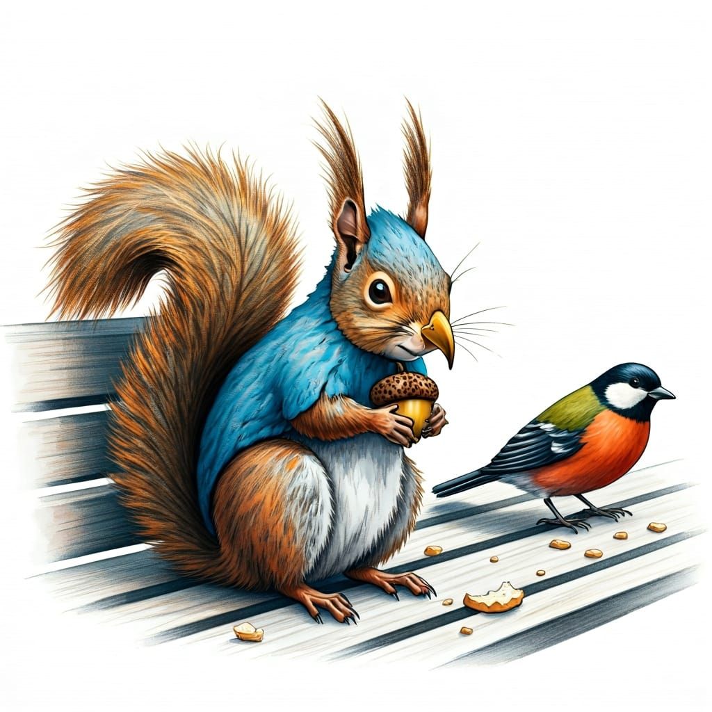 Squirrel's Feathered Disguise: A Whimsical Graphite Illustra...