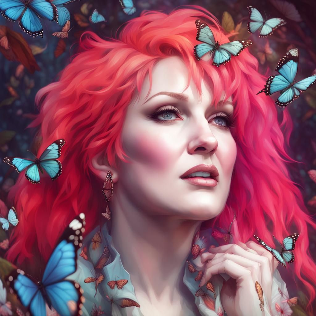Cyndi Lauper Portrait with Butterflies, Art Nouveau Style